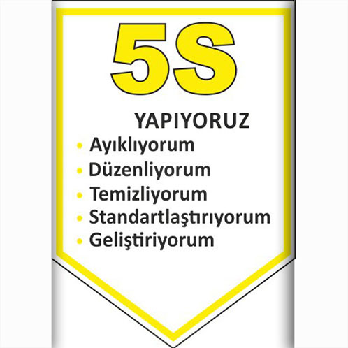 5S Yapıyoruz — Ayıklıyorum Düzenliyorum Temizliyorum Standartlaştırıyorum Geliştiriyorum uyarı levhası
