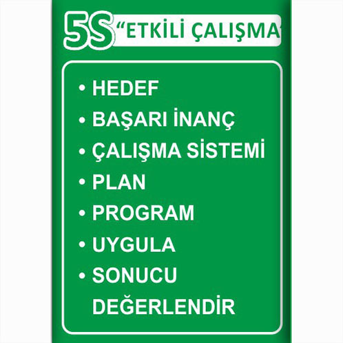 5S Etkili Çalışma — Hedef Başarı İnanç Çalışma Sistemi Plan Program Uygula Sonucu Değerlendir uyarı levhası