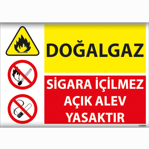 Doğalgaz Sigara İçilmez Açık Alev Yasaktır uyarı levhası
