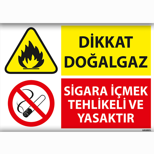 Dikkat Doğalgaz Sigara İçmek Tehlikeli ve Yasaktır uyarı levhası