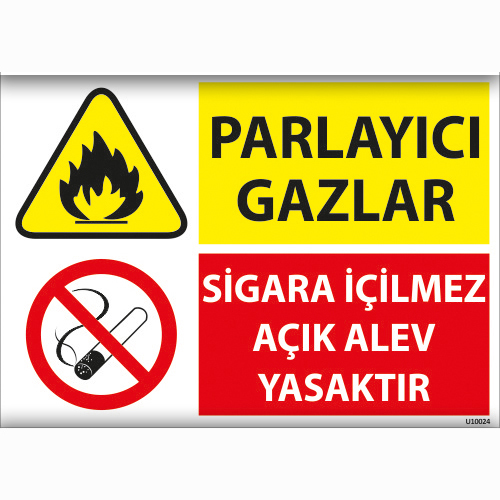 Parlayıcı Gazlar Sigara İçilmez Açık Alev Yasaktır uyarı levhası