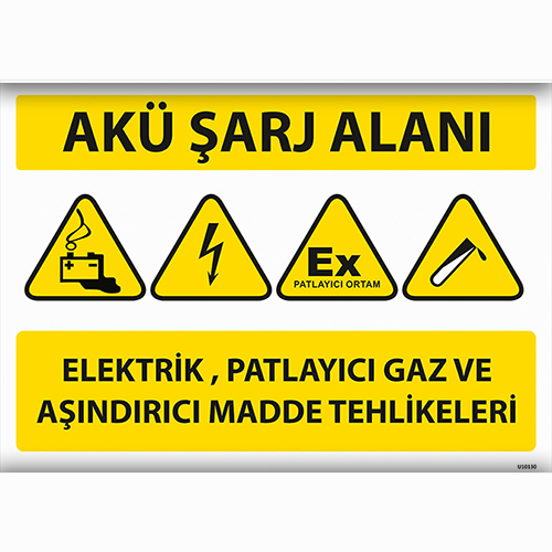 Akü Şarj Alanı Elektrik, Patlayıcı Gaz ve Aşındırıcı Madde Tehlikeleri uyarı levhası