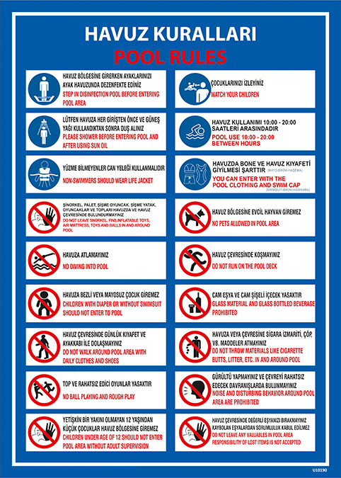 Havuz Kuralları Pool Rules uyarı levhası