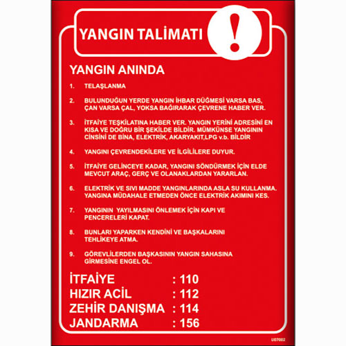 Yangın Talimatı Yangın Anında uyarı levhası