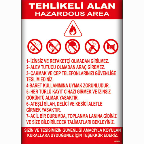 Tehlikeli Alan Talimatı uyarı levhası
