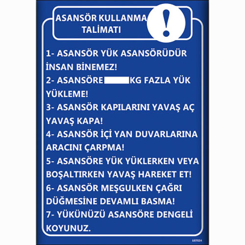 Asansör Kullanma Talimatı uyarı levhası