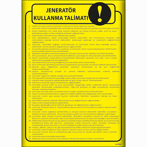 Jeneratör Kullanma Talimatı uyarı levhası