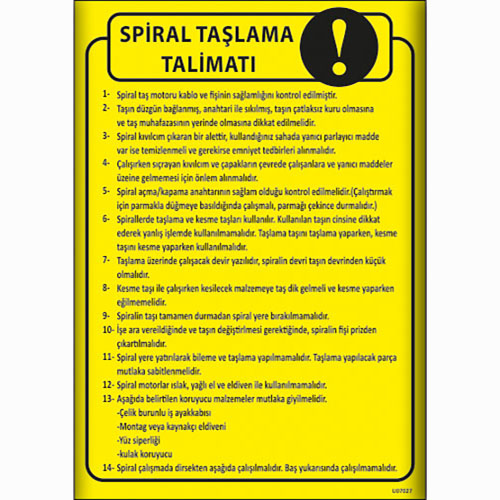 Spiral Taşlama Talimatı uyarı levhası