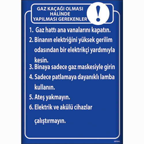 Gaz Kaçağı Olması Halinde Yapılması Gerekenler Talimatları uyarı levhası