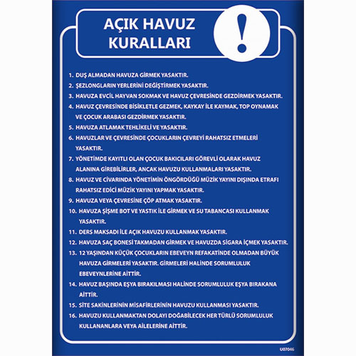 Açık Havuz Kuralları Talimatları uyarı levhası