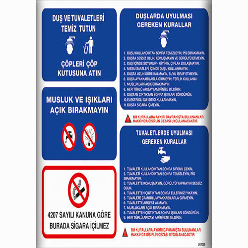 Duş Tuvaletler Uyulması Gerekenler Talimatları uyarı levhası