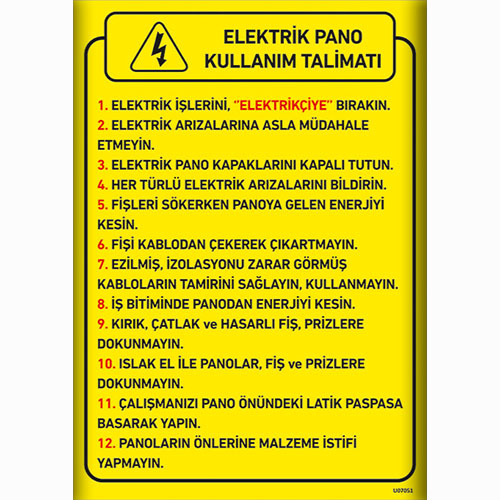 Elektrik Pano Kullanım Talimatları uyarı levhası