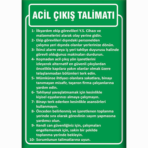 Acil Çıkış Talimatları uyarı levhası