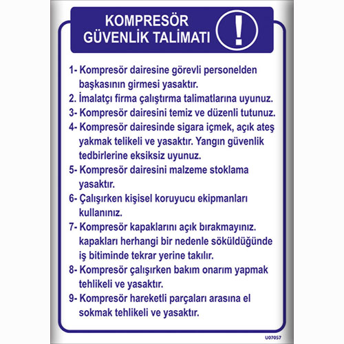 Kompresör Güvenlik Talimatları uyarı levhası