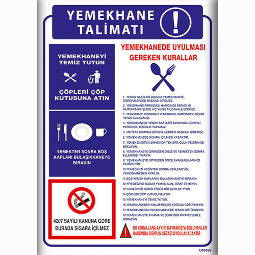 Yemekhane Kullanım Talimatları uyarı levhası