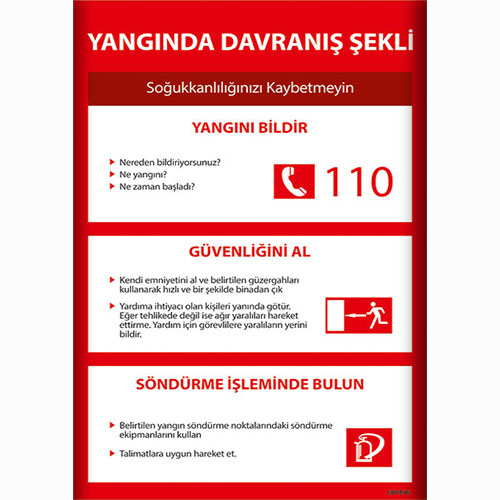 Yangında Davranış Şekli Talimatları uyarı levhası
