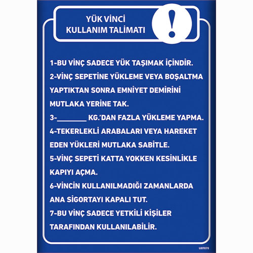 Yük Vinci Kullanım Talimatları uyarı levhası