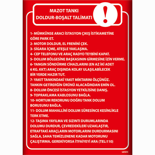 Mazot Tankı Doldur Boşalt Talimatları uyarı levhası