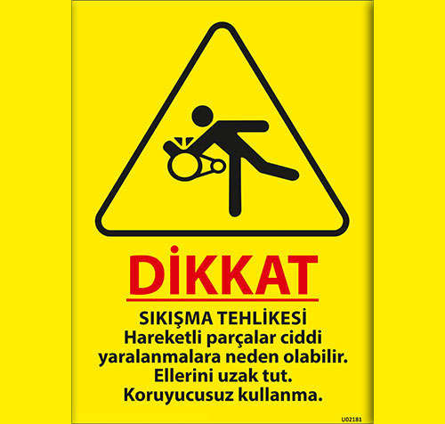 Dikkat Sıkışma Tehlikesi Hareketli Parçalar vb. uyarı levhası