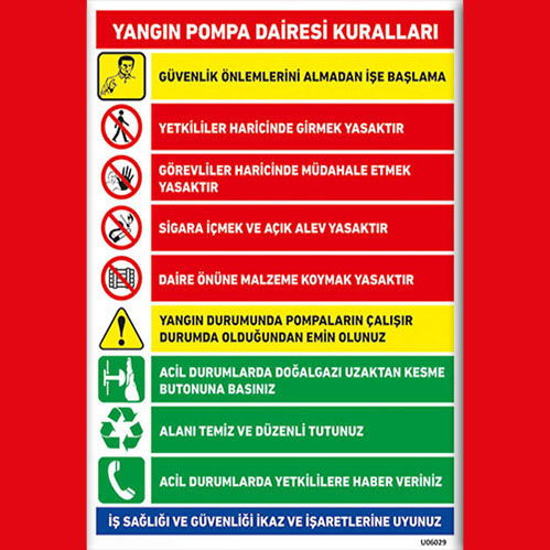 Yangın Pompa Dairesi Kuralları uyarı levhası