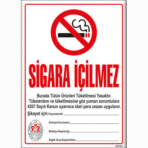 Sigara İçilmez (Resmi Tabela) uyarı levhası